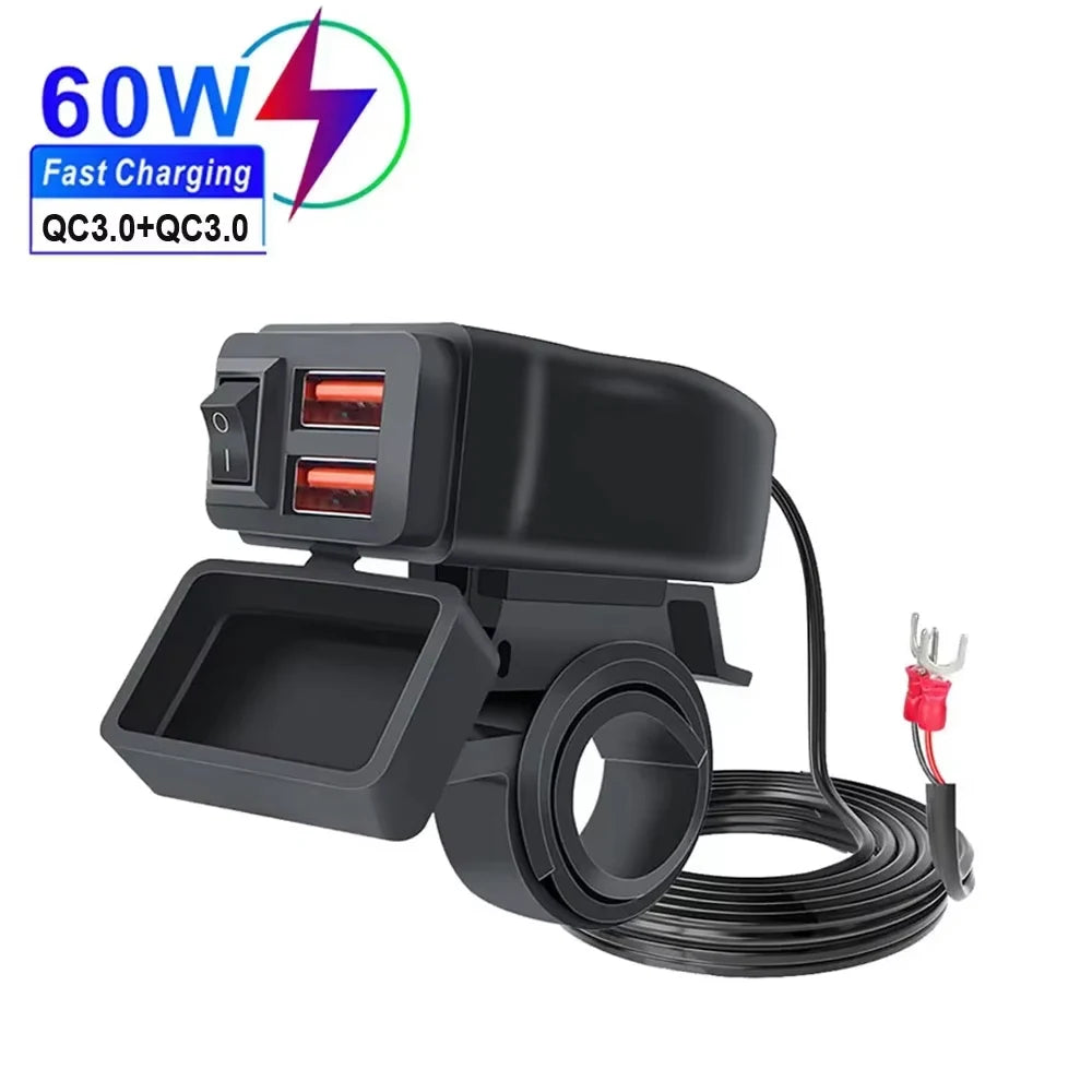 60W 3.0 Motorcycle or Bicycle  USB Fast Dual USB with Switch Voltmeter Waterproof 12V Power Supply Adapter