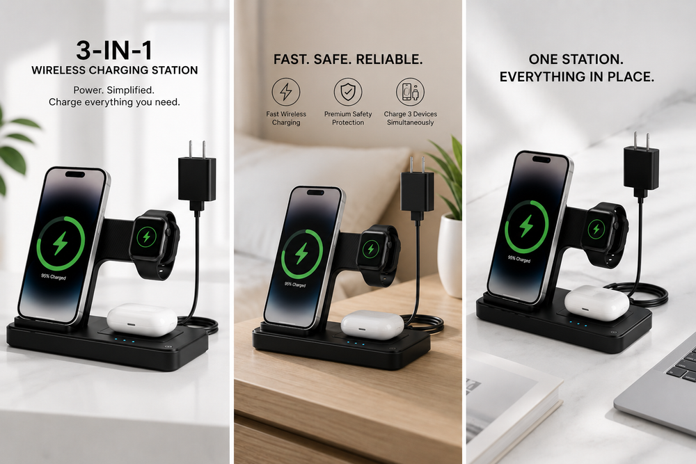 3-in-1 Wireless Charging Station for Phone, Watch & Earbuds