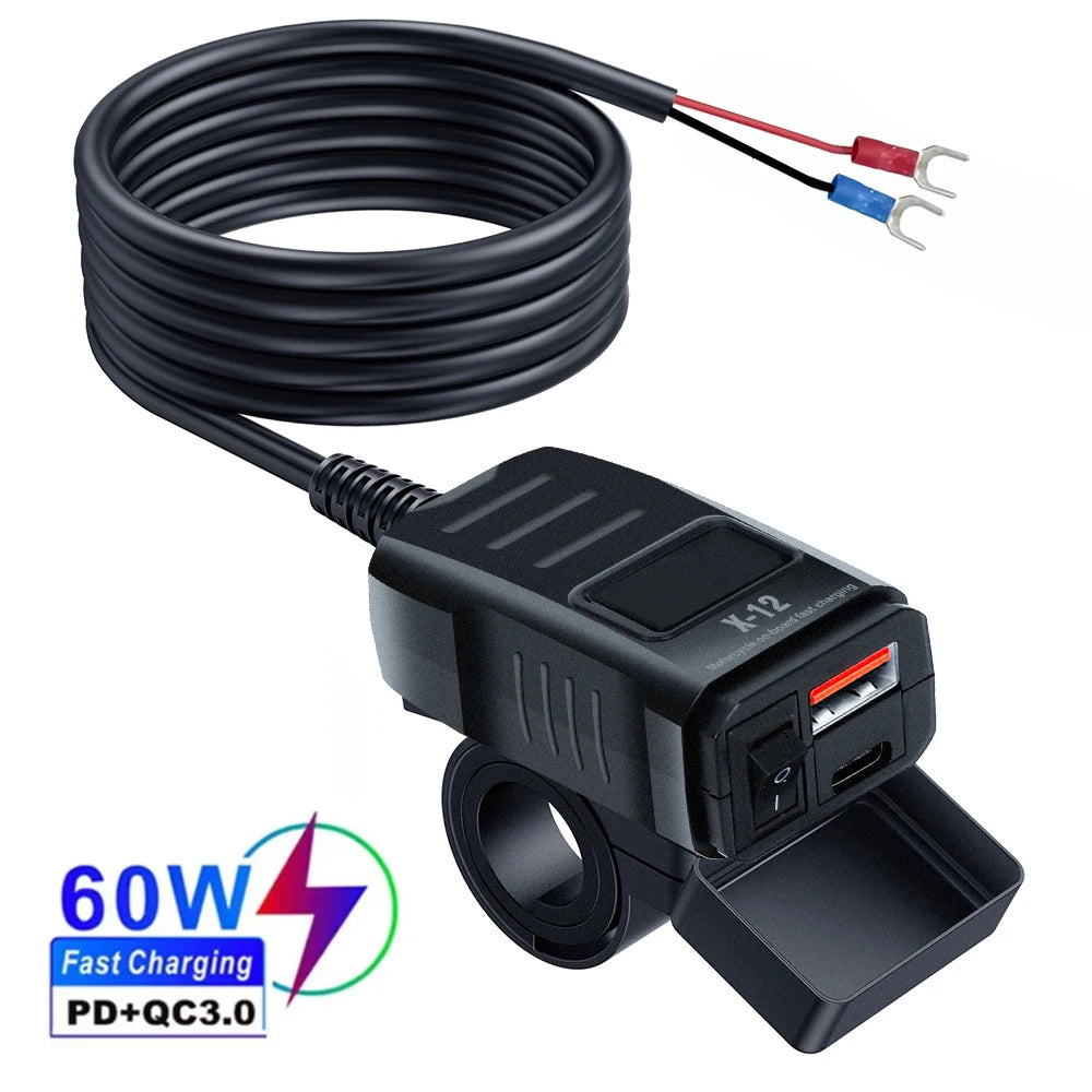 60W 3.0 Motorcycle or Bicycle  USB Fast Dual USB with Switch Voltmeter Waterproof 12V Power Supply Adapter