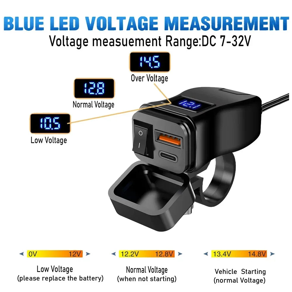 60W 3.0 Motorcycle or Bicycle  USB Fast Dual USB with Switch Voltmeter Waterproof 12V Power Supply Adapter