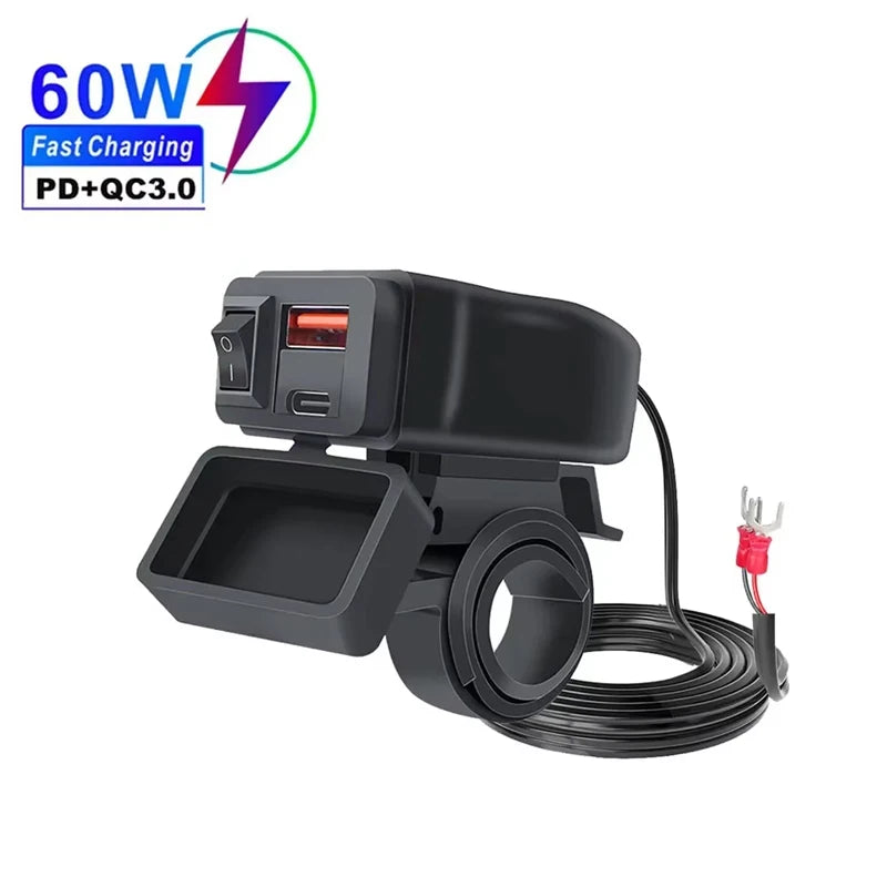 60W 3.0 Motorcycle or Bicycle  USB Fast Dual USB with Switch Voltmeter Waterproof 12V Power Supply Adapter