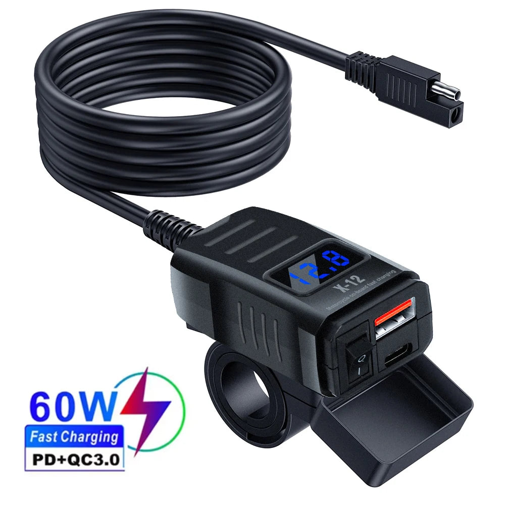 60W 3.0 Motorcycle or Bicycle  USB Fast Dual USB with Switch Voltmeter Waterproof 12V Power Supply Adapter