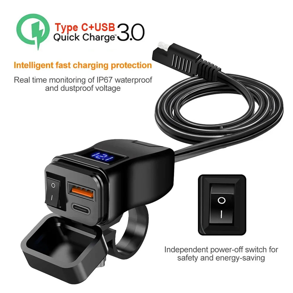 60W 3.0 Motorcycle or Bicycle  USB Fast Dual USB with Switch Voltmeter Waterproof 12V Power Supply Adapter