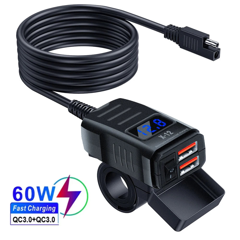 60W 3.0 Motorcycle or Bicycle  USB Fast Dual USB with Switch Voltmeter Waterproof 12V Power Supply Adapter