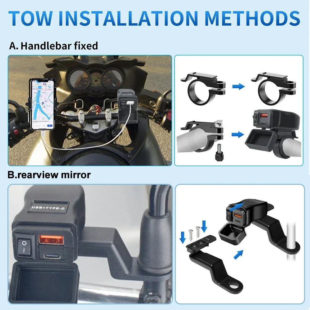 60W 3.0 Motorcycle or Bicycle  USB Fast Dual USB with Switch Voltmeter Waterproof 12V Power Supply Adapter