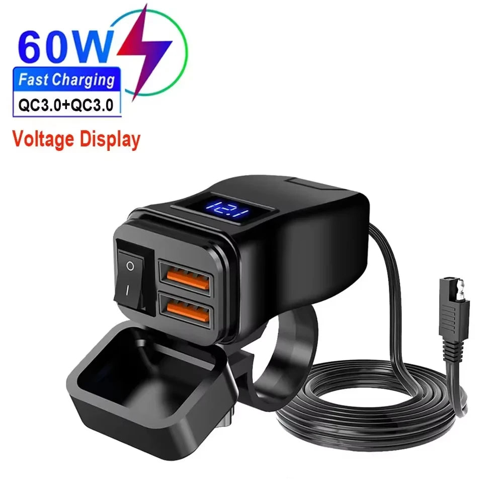 60W 3.0 Motorcycle or Bicycle  USB Fast Dual USB with Switch Voltmeter Waterproof 12V Power Supply Adapter