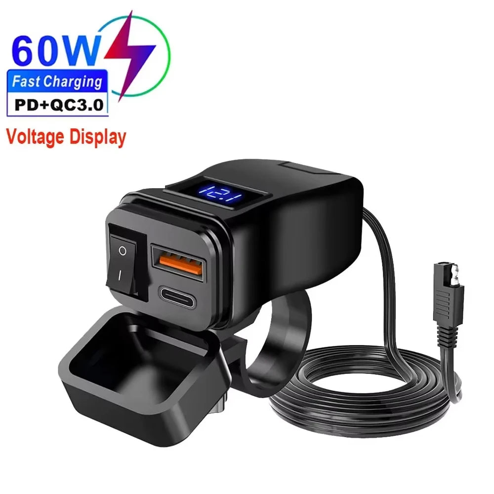 60W 3.0 Motorcycle or Bicycle  USB Fast Dual USB with Switch Voltmeter Waterproof 12V Power Supply Adapter