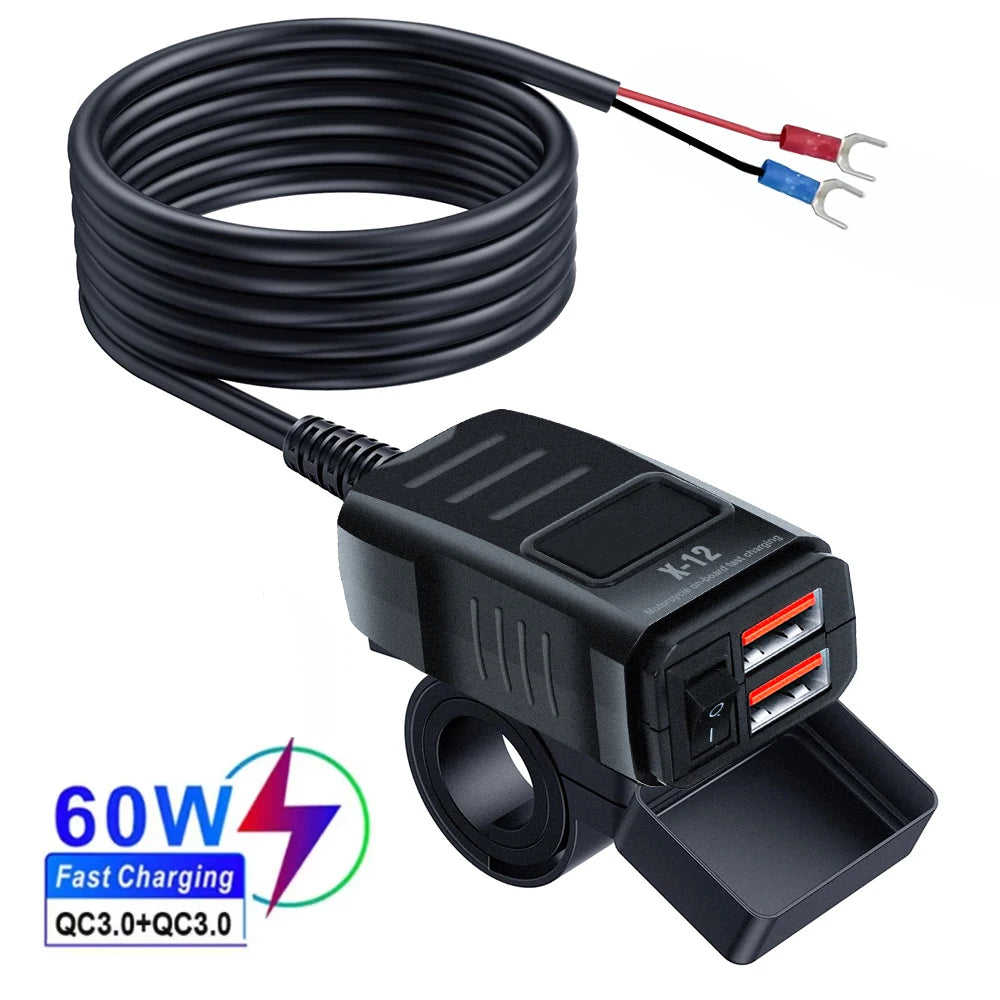 60W 3.0 Motorcycle or Bicycle  USB Fast Dual USB with Switch Voltmeter Waterproof 12V Power Supply Adapter