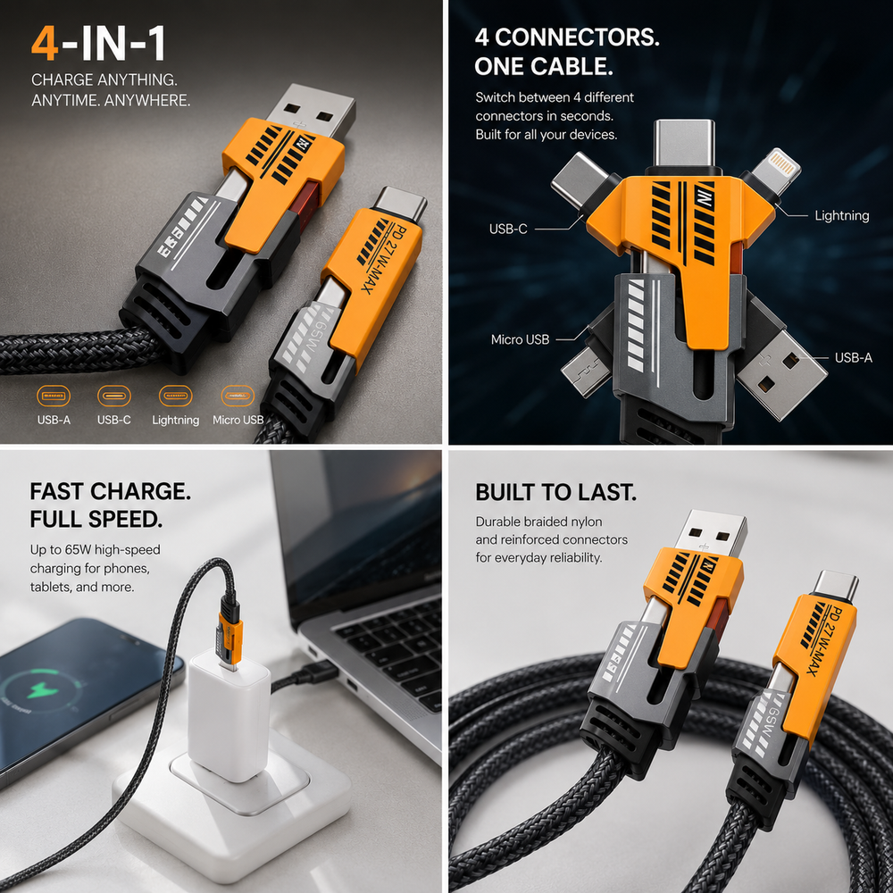 Fast Charge Cable   4-in-1 27W Multi Charging Cord, 6.6FT